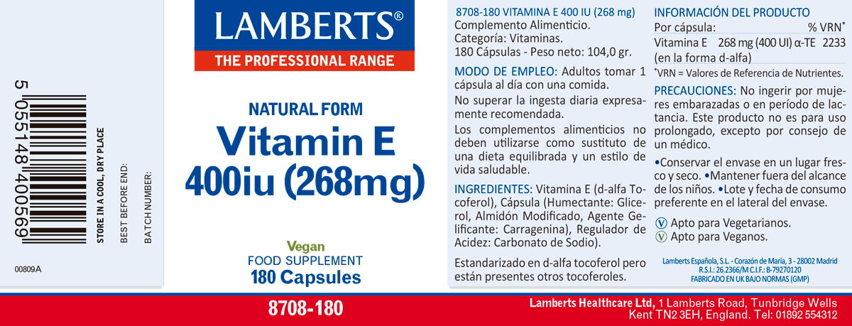 Vitamina E Natural 400 UI (268 mg) como d-alfa tocoferol cápsulas — imagen 2