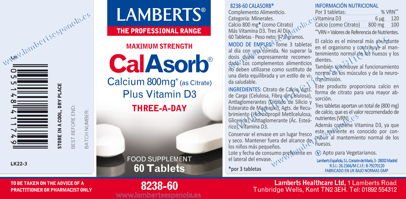 CalAsorb®, Calcio 800 mg como Citrato y Vitamina D3 60 tabletas — imagen 2