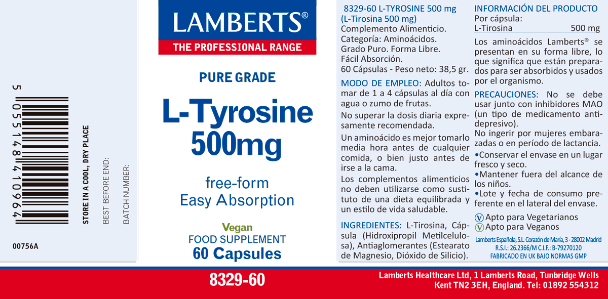 L-Tirosina 500 mg en forma libre. Aminoácido no esencial — imagen 2