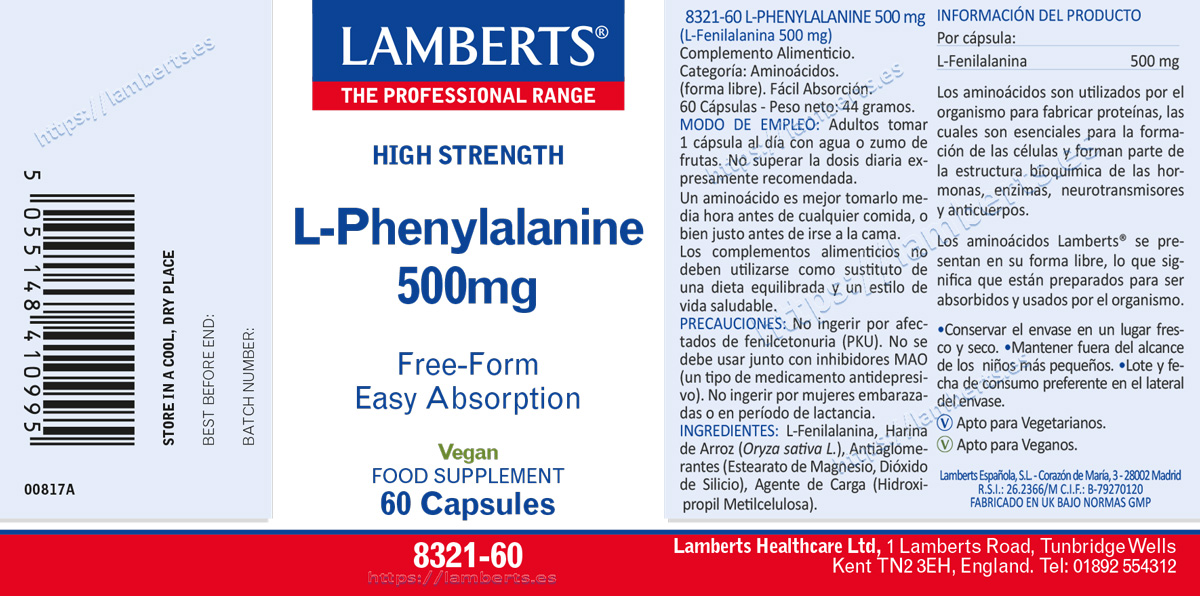 L-Fenilalanina 500 mg en forma libre. Aminoácido esencial — imagen 2