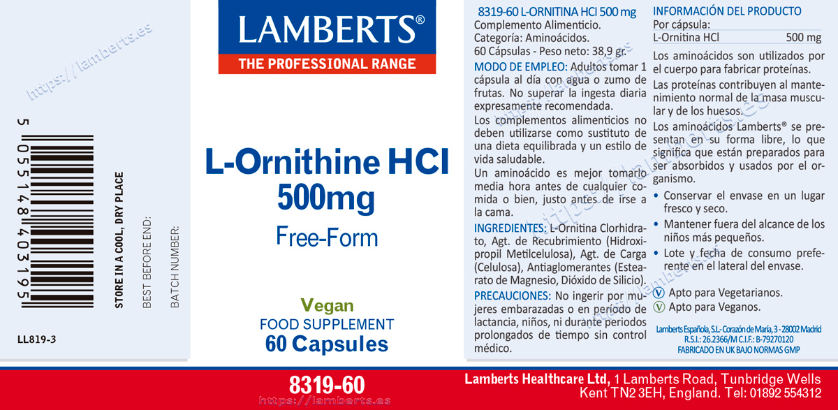 L-Ornitina HCI 500 mg en forma libre. Aminoácido no esencial — imagen 2