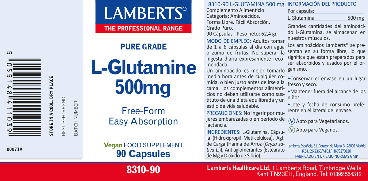 L-Glutamina 500 mg. Pura. Aminoácido no esencial con 90 cápsulas — imagen 2
