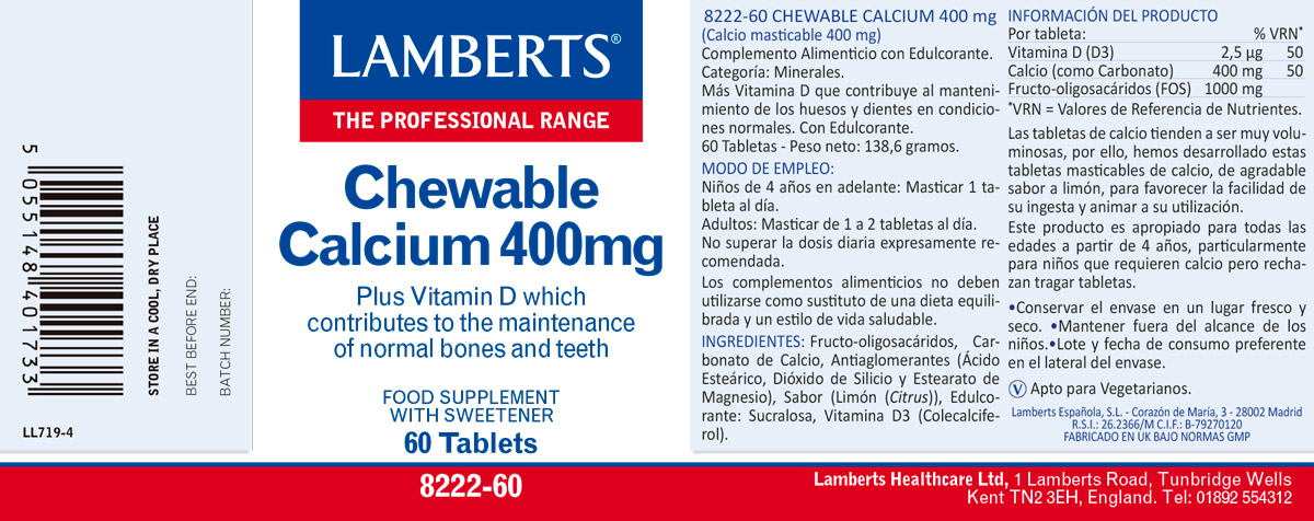 Calcio masticable 400 mg con Vitamina D y FOS. Sabor a limón. — imagen 2